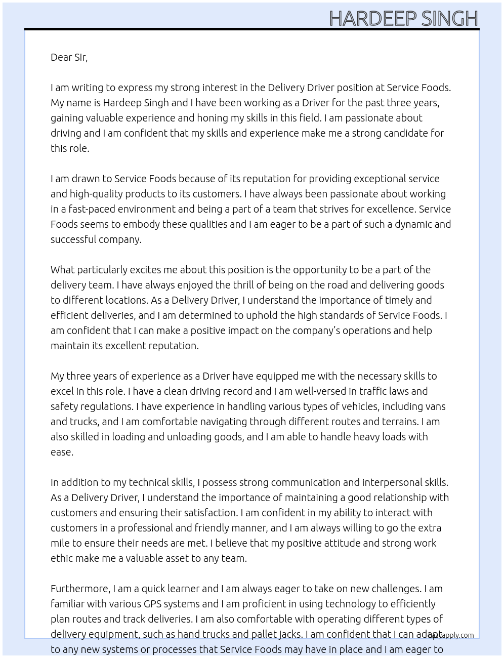 Delivery Driver At Service foods Cover Letter