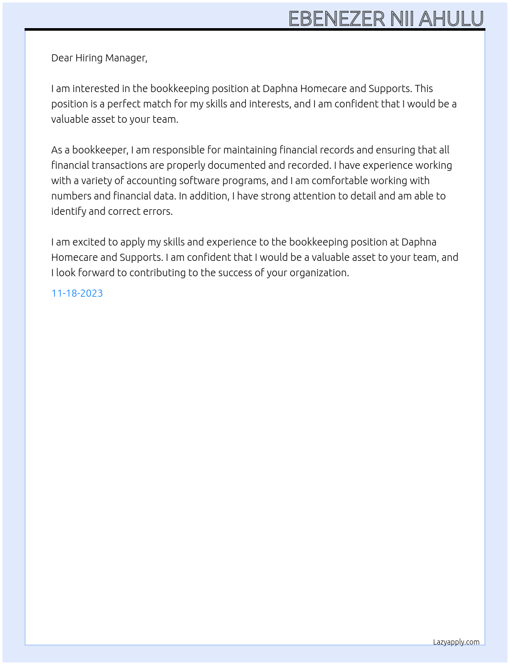 bookkeeping At Daphna Homecare and Supports Cover Letter
