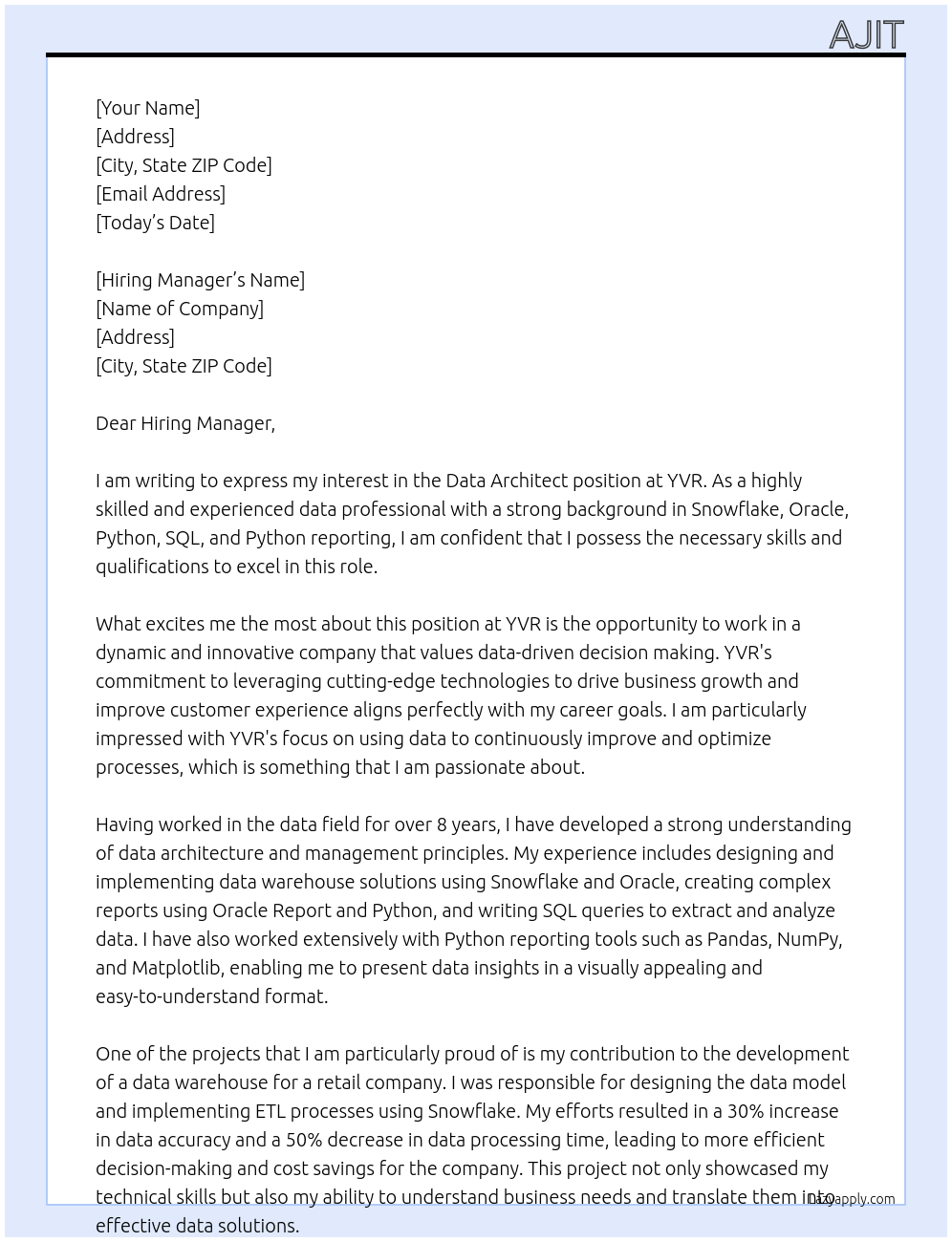 Data Architect At YVR Cover Letter