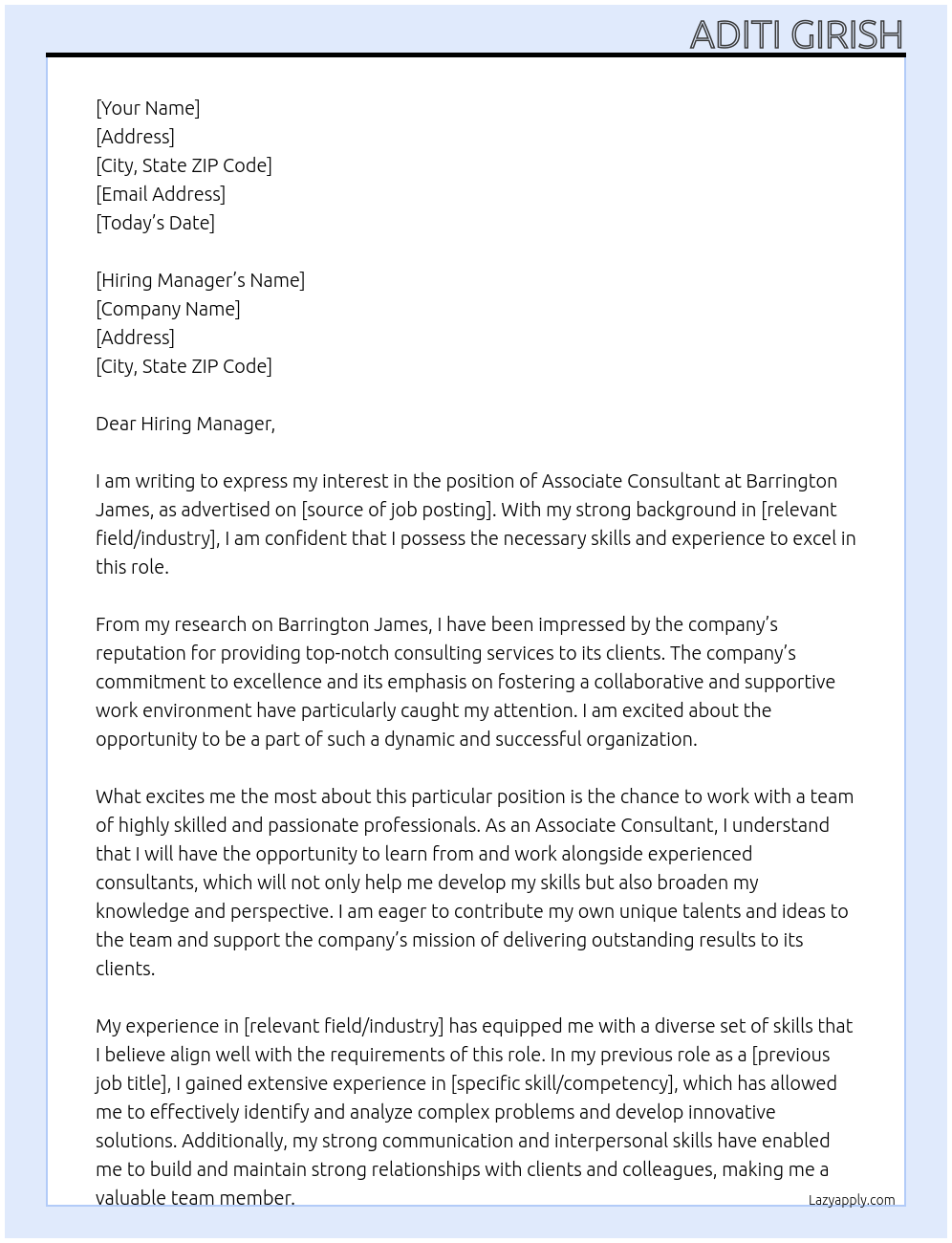 Associate Consultant At Barrington James Cover Letter