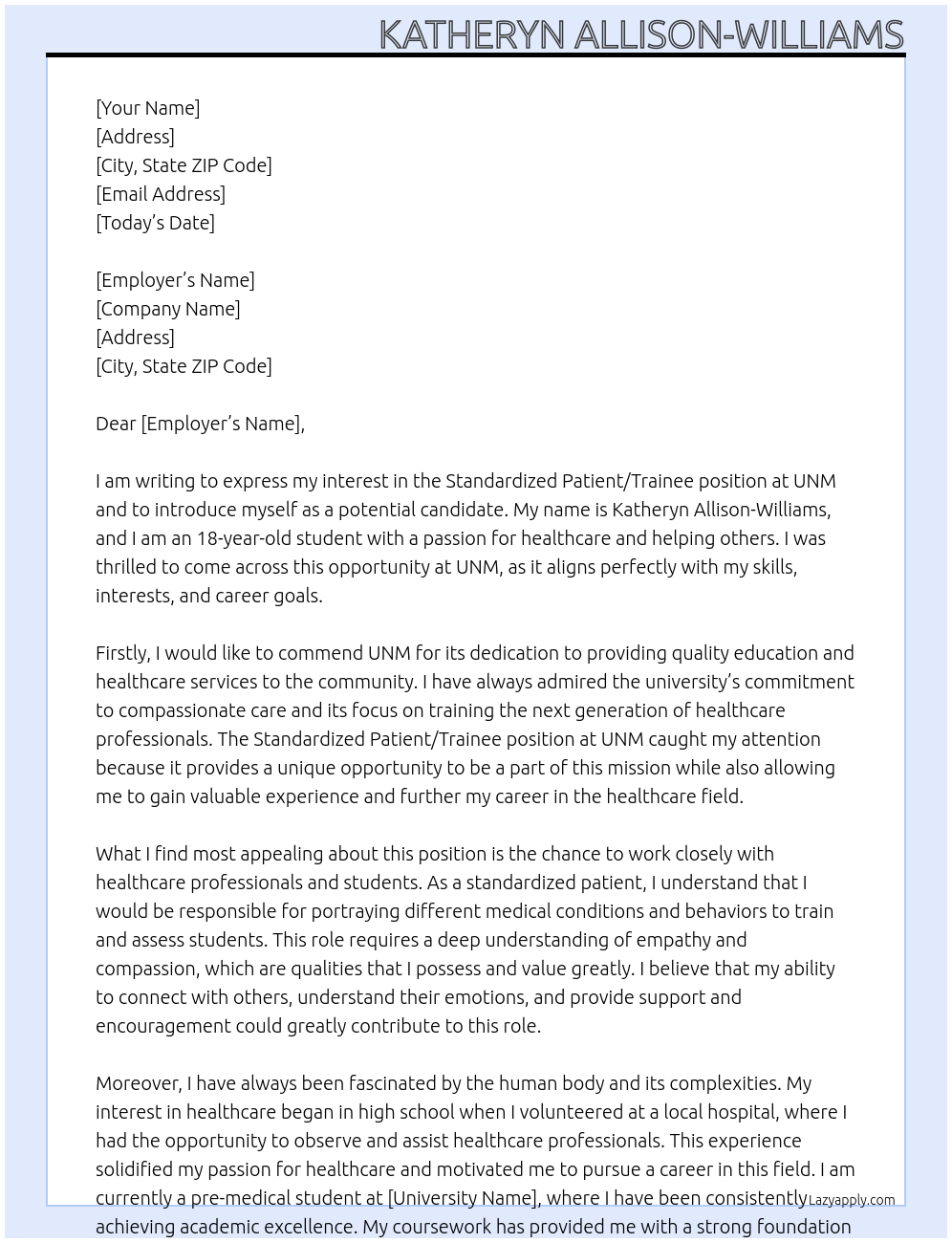 Standardized Patient/Trainee, Age 18-25 At UNM  Cover Letter