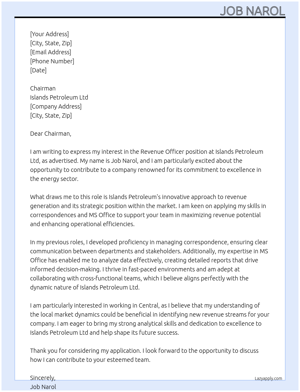 Revenue Officer At Islands Petroleum Ltd Cover Letter