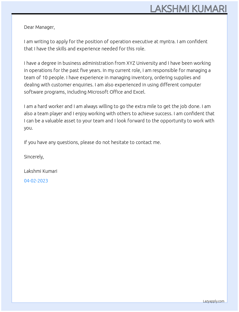 operation executive At myntra Cover Letter