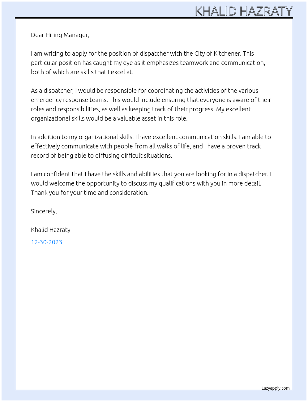 dispatcher At City of Kitchener Cover Letter