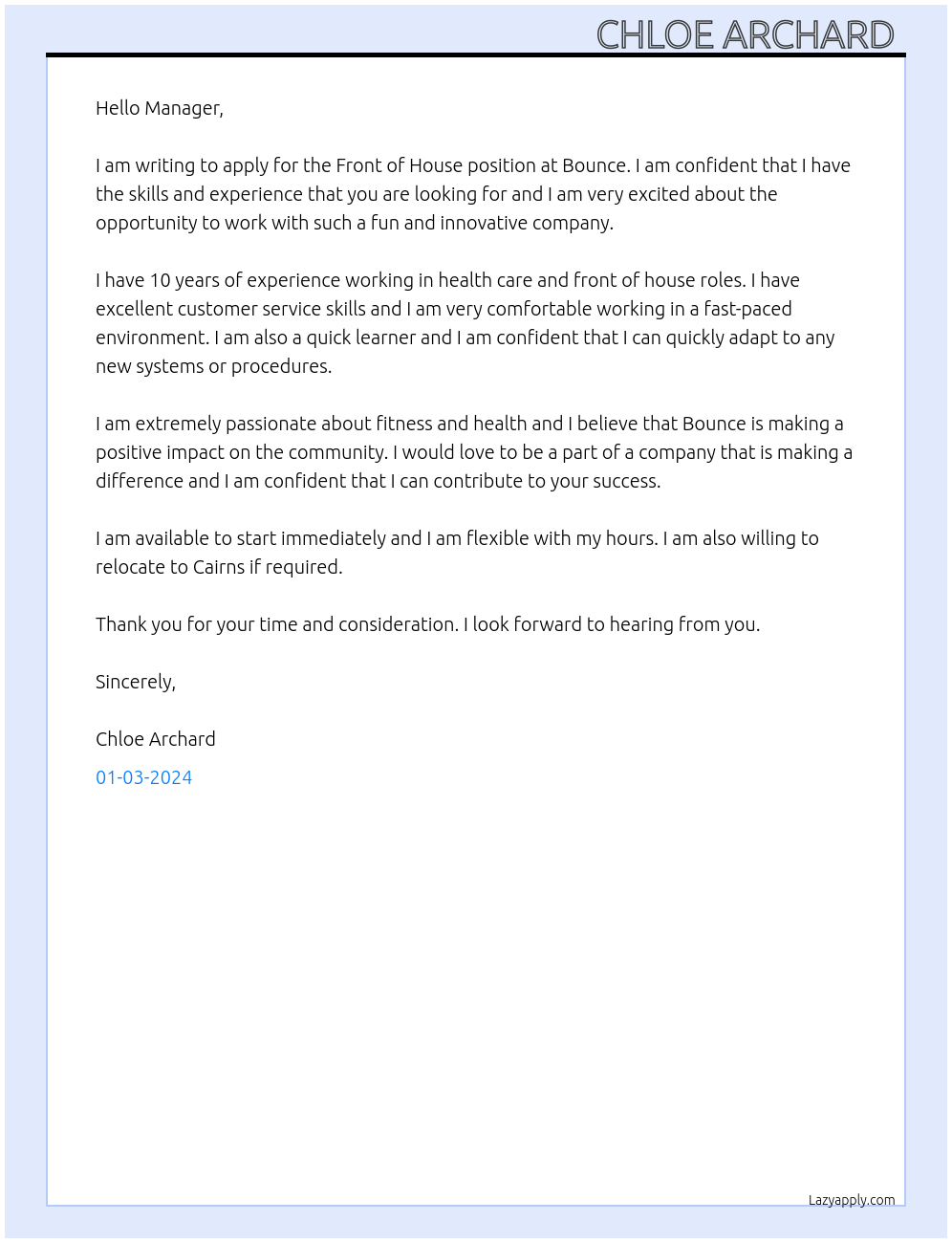 Front of house At Bounce Cover Letter