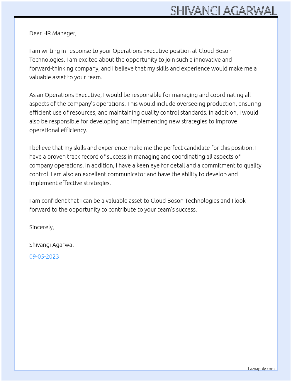 Operations Executive At Cloud Boson Technologies Cover Letter