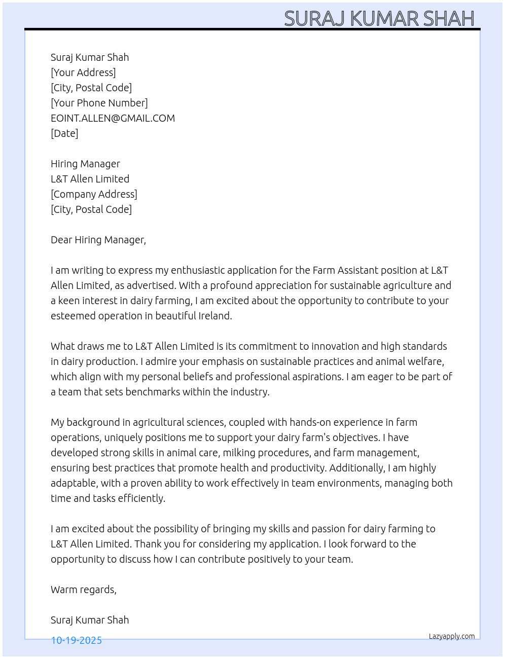 Dairy farm assistant At L&T Allen limited Cover Letter