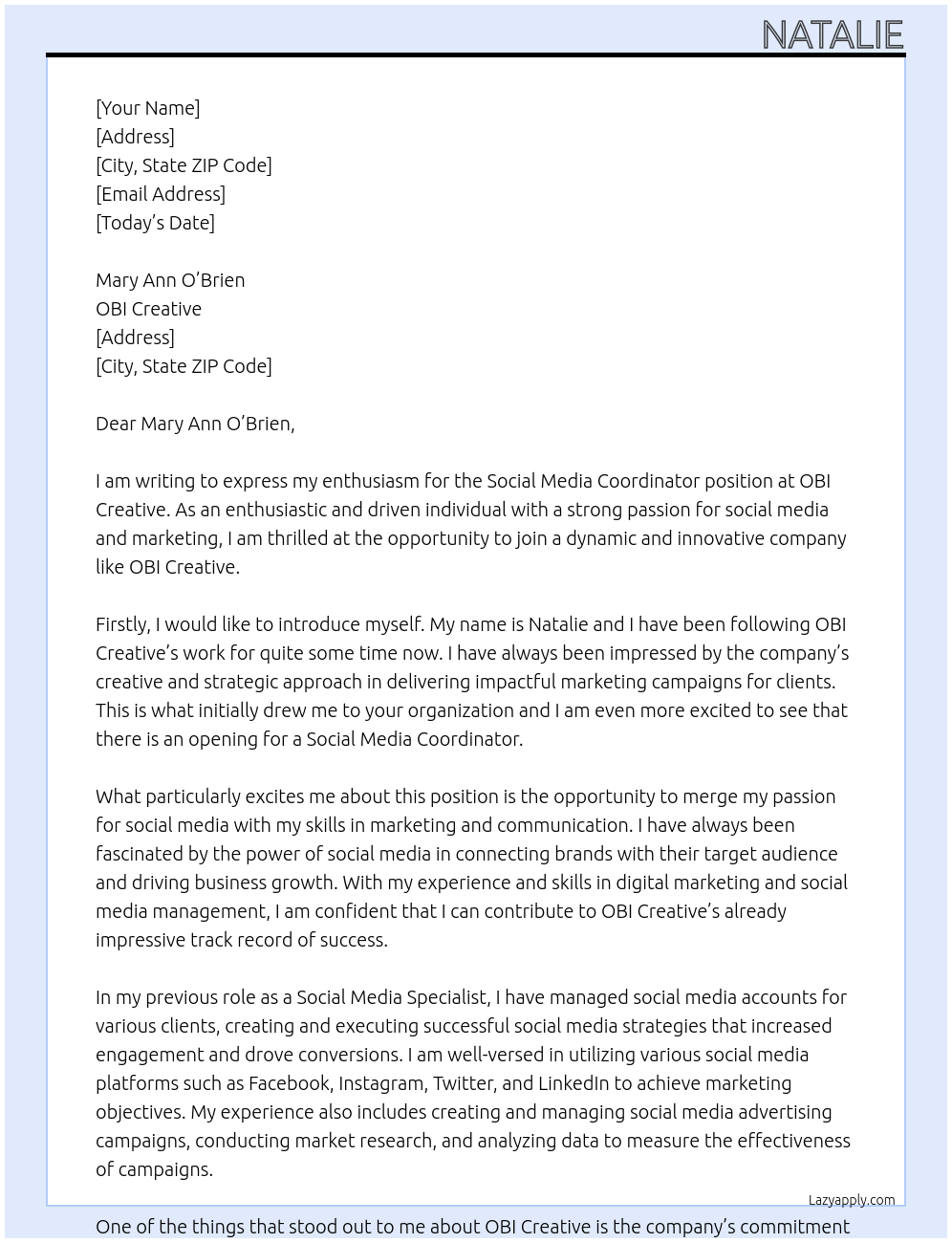 Social Media Coordinator At OBI Creative Cover Letter