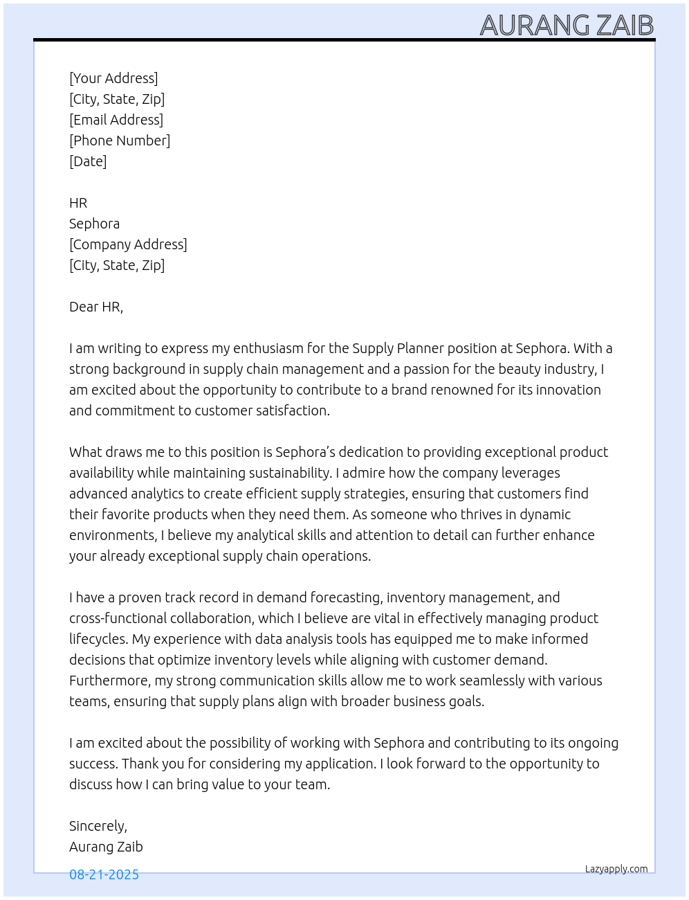 Supply Planner At Sephora Cover Letter