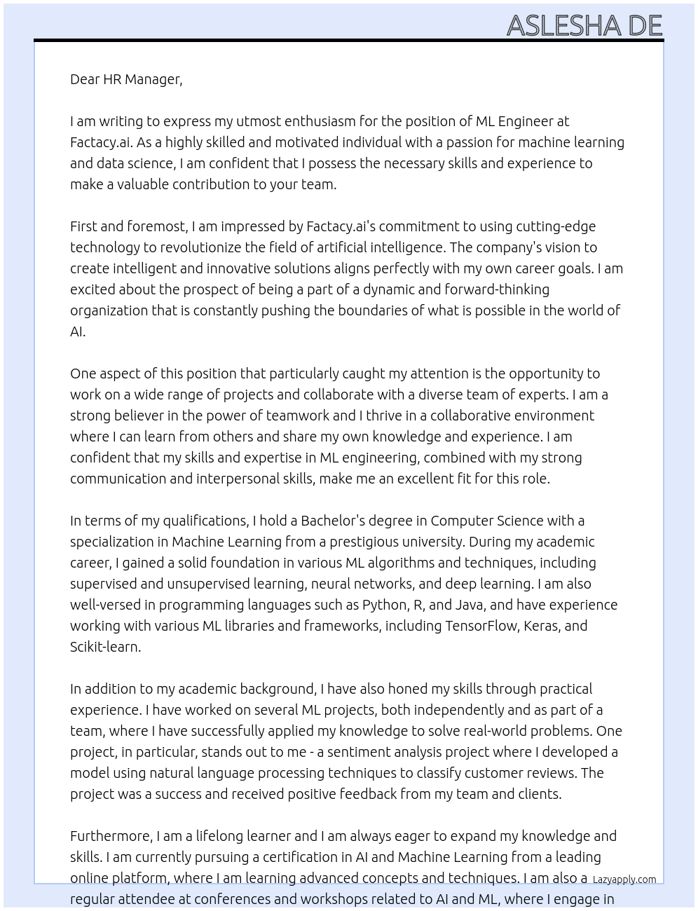 ML Engineer At Factacy.ai Cover Letter