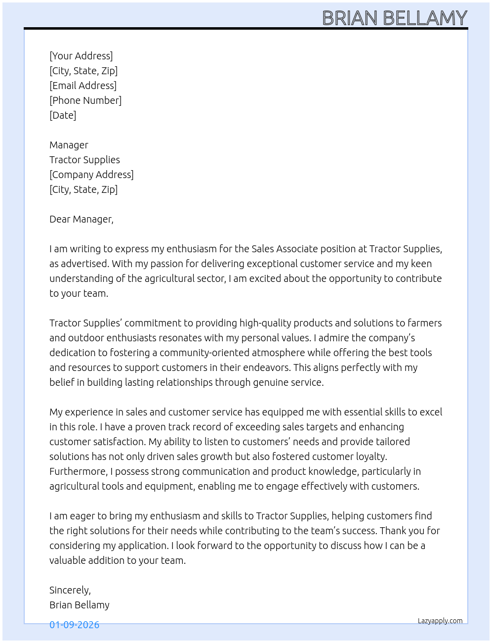 Sales Associate At Tractor Supplies Cover Letter