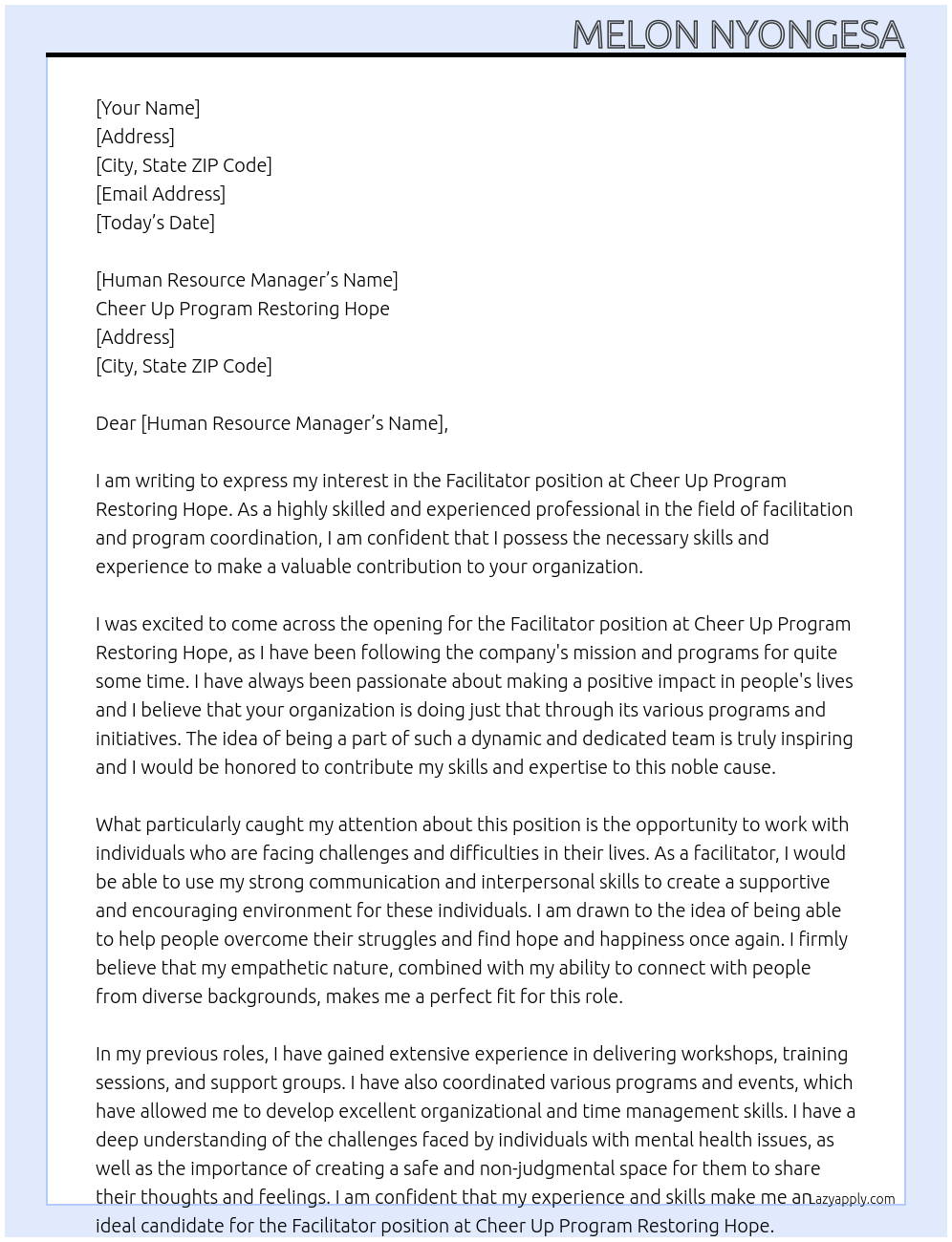 Facilitator At Cheer up program restoring hope Cover Letter