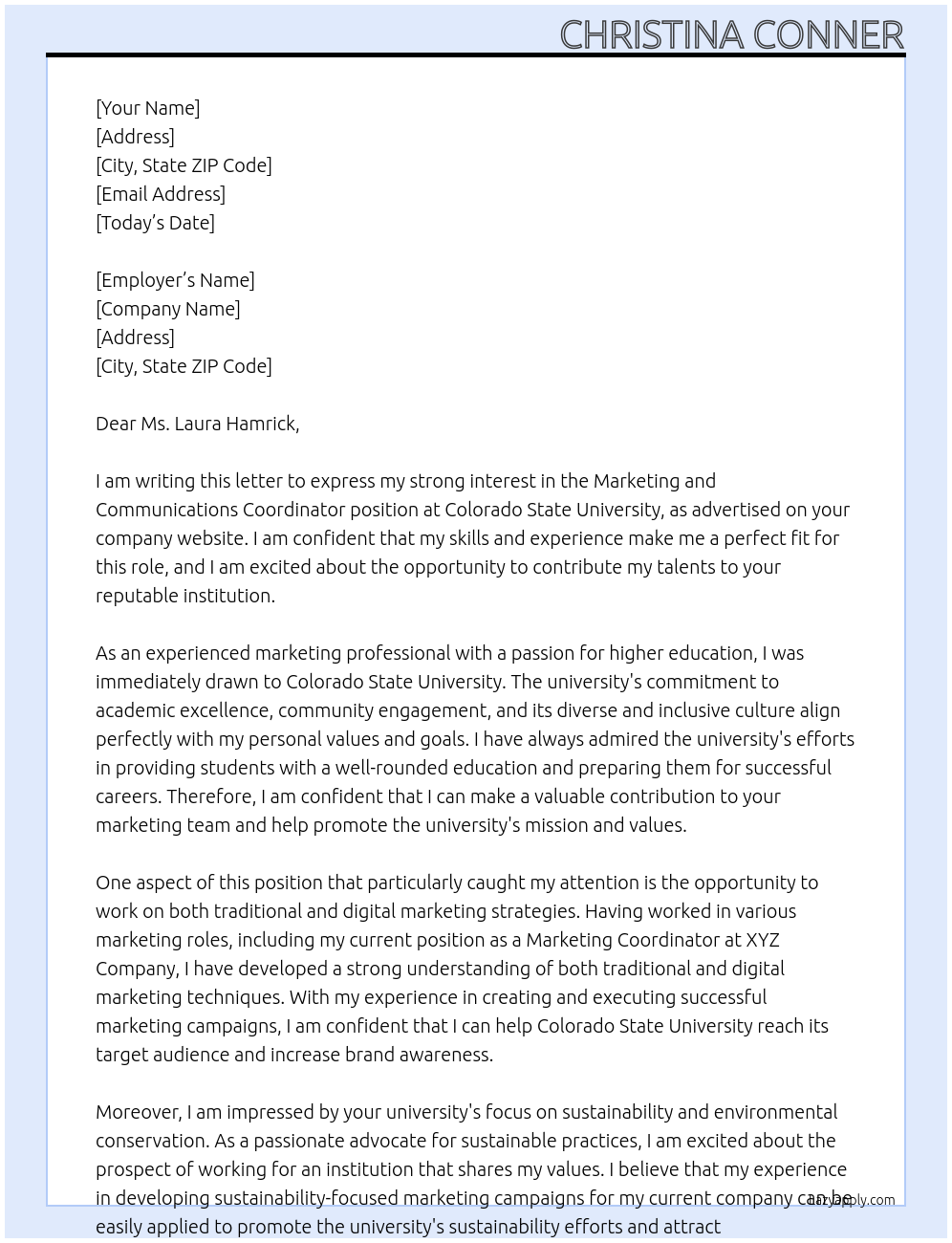 Marketing and Communications Coordinator At Colorado State university Cover Letter