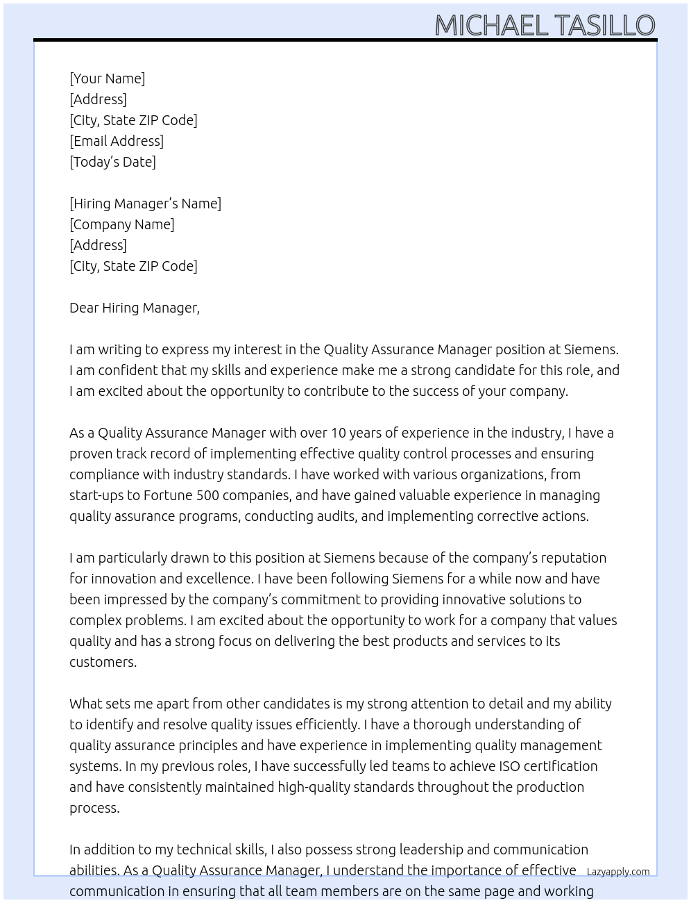 Quality Assurance Manager At Siemens Cover Letter