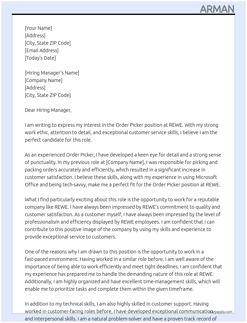 Order picker At REWE Cover Letter