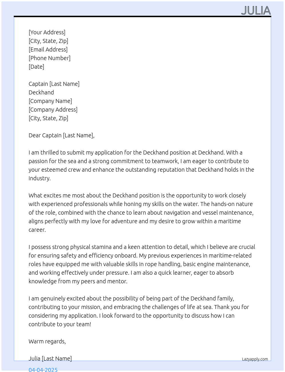 deckhand At DEckhand Cover Letter