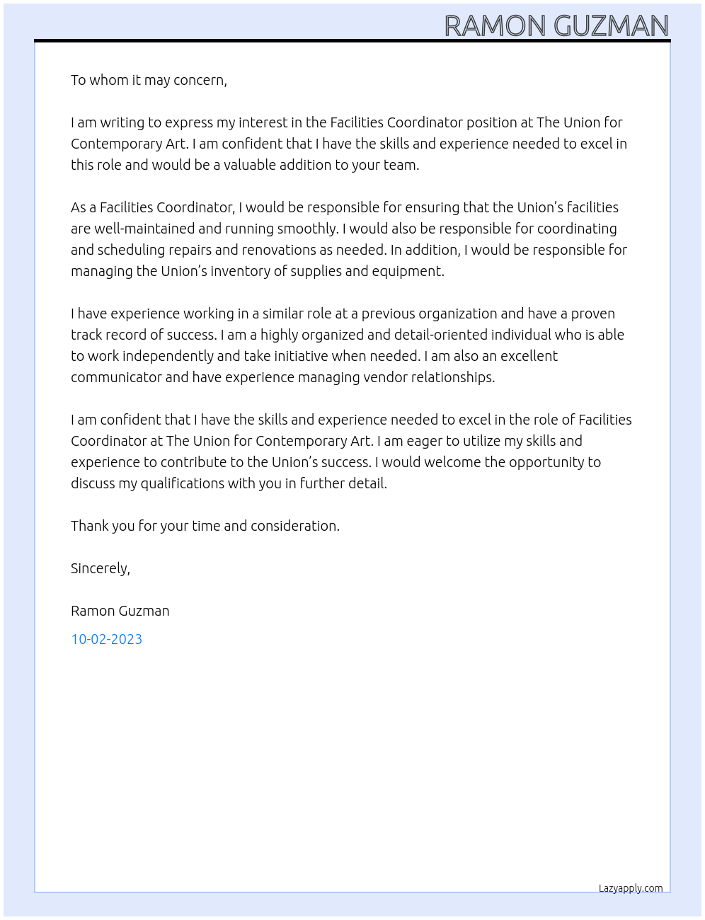 Facilities Coordinator At The Union for Contemporary Art Cover Letter