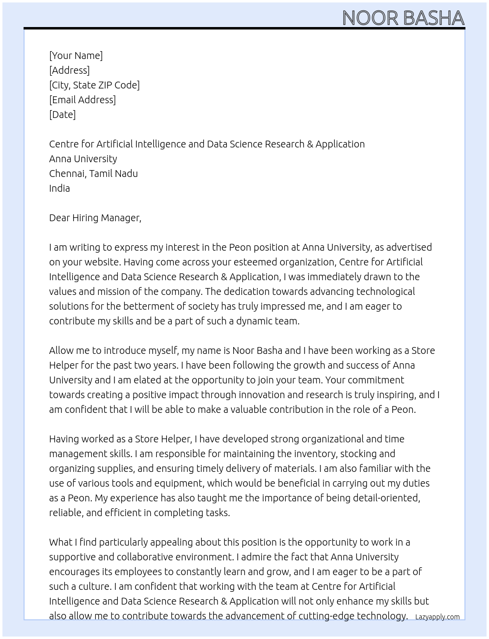 Peon At Anna University Cover Letter