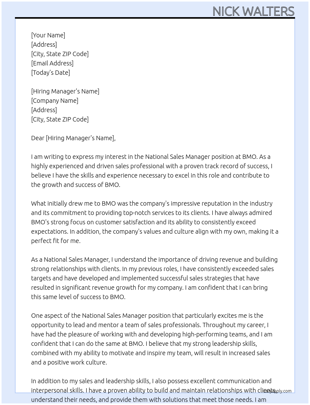 National sales manager At BMO Cover Letter