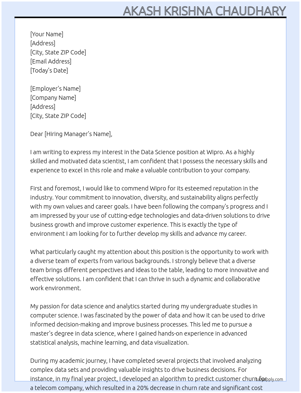 data science At wipro Cover Letter
