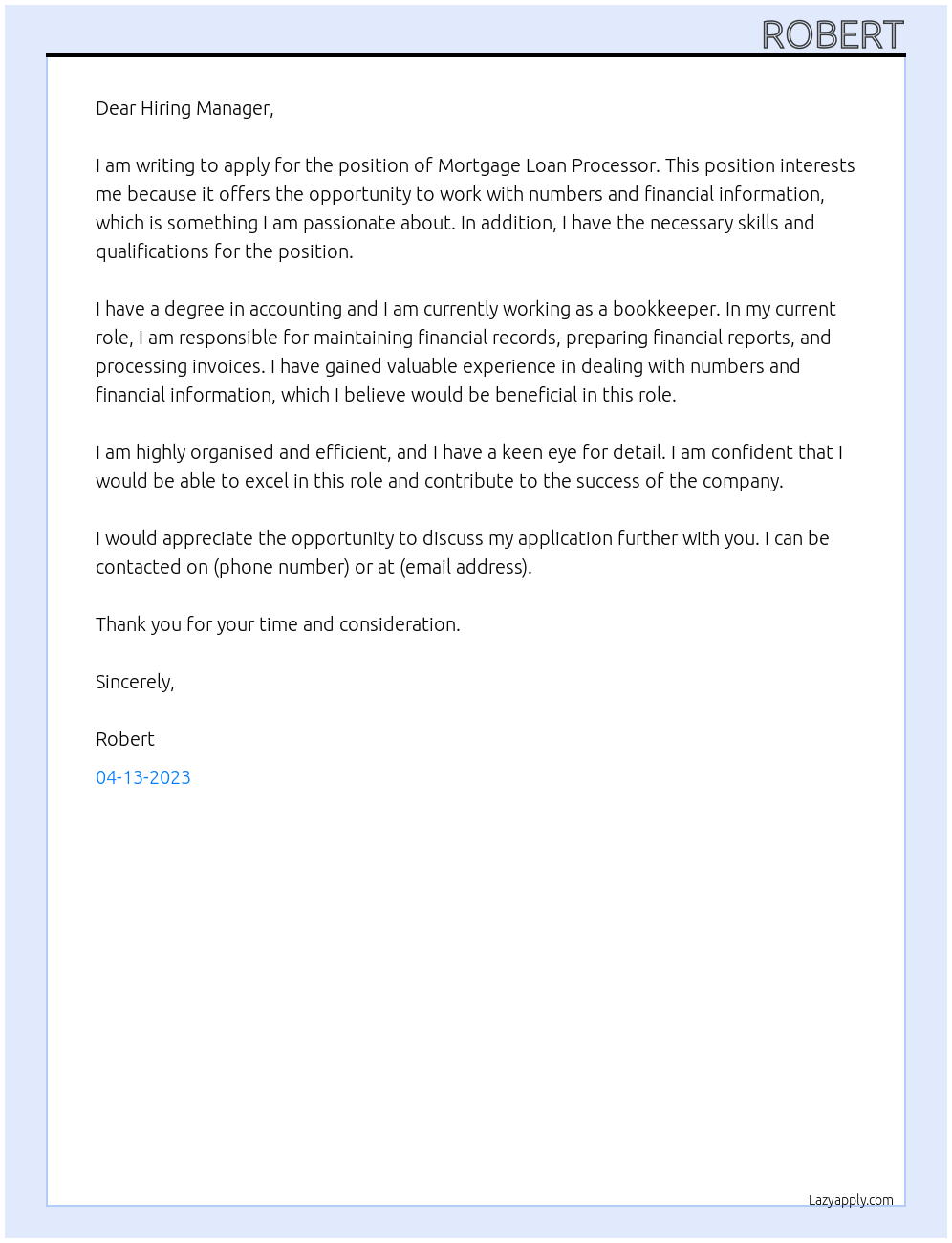 Mortgage Loan Processor At Unknown Cover Letter