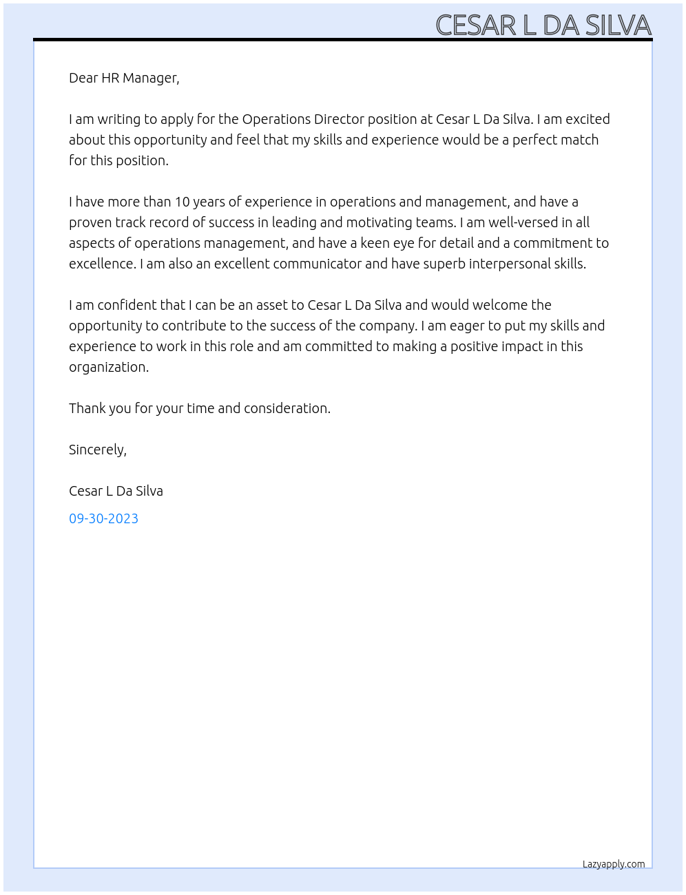 Operations Director At Cesar L Da Silva Cover Letter