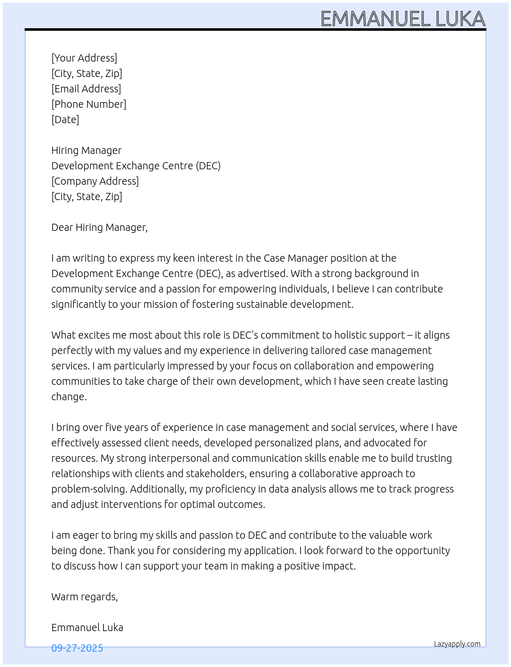 Case Manager At Development exchange centre (DEC) Cover Letter