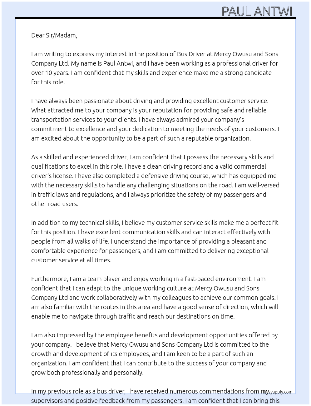 BUS DRIVER At MERCY OWUSU AND SONS COMPANY LTD Cover Letter