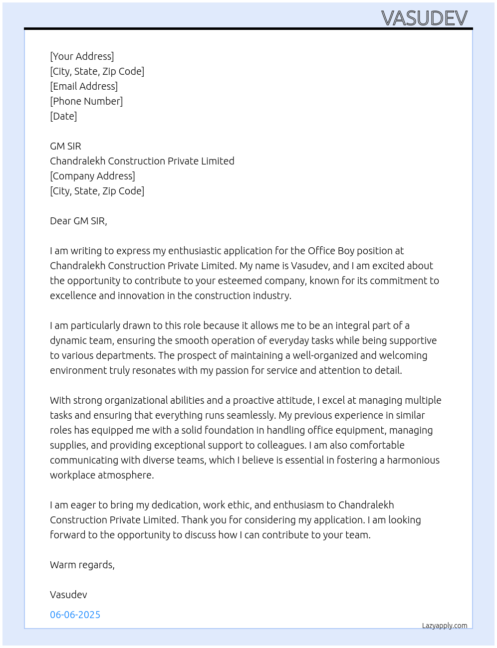 Office boy At Chandralekh construction private limited Cover Letter