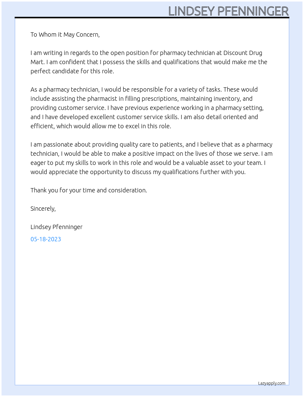 Pharmacy Technician At Discount Drug Mart Cover Letter