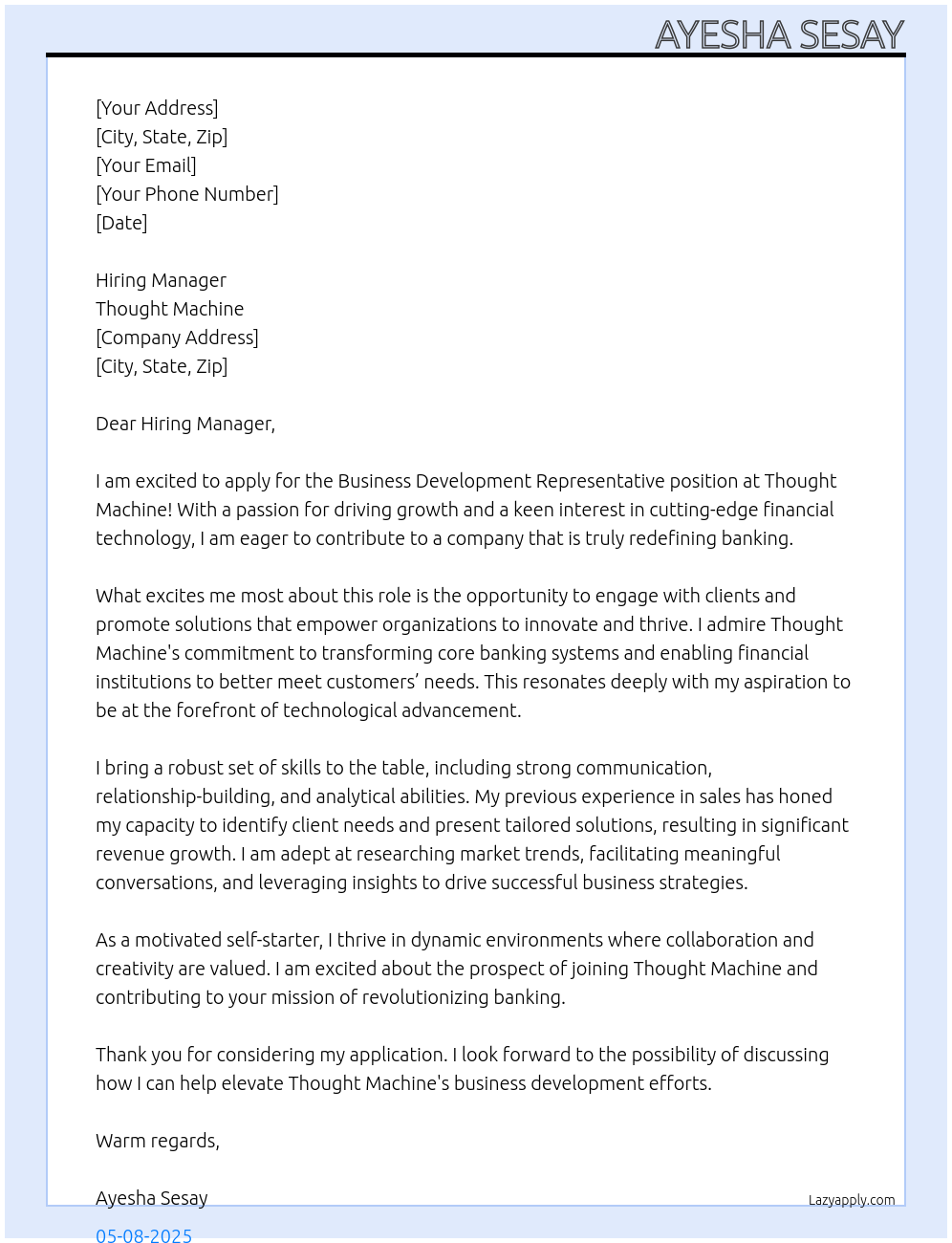 Business Development Representative At Thought Machine Cover Letter