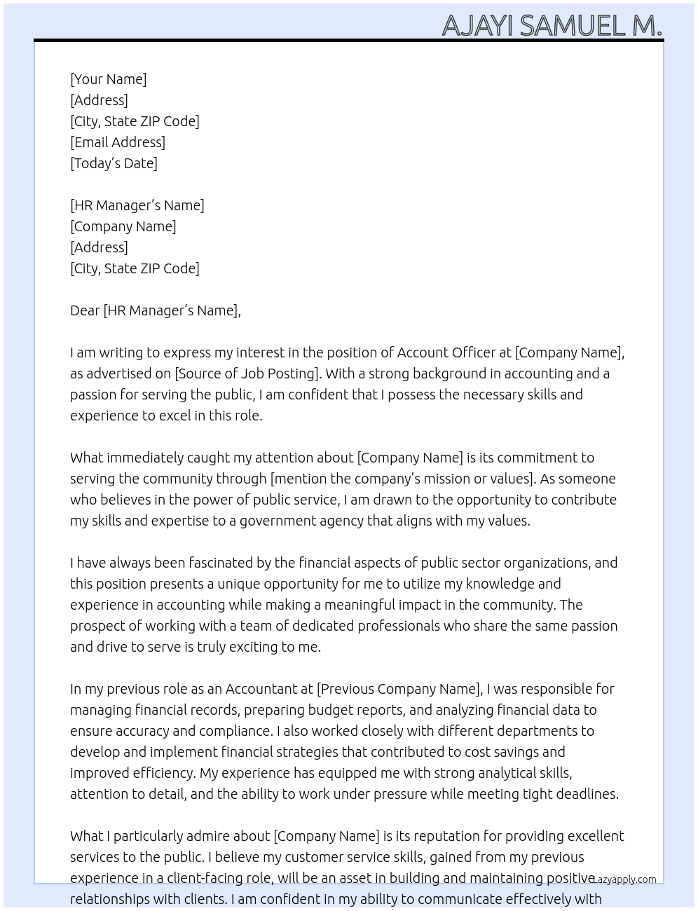 Account officer At Government agency Cover Letter
