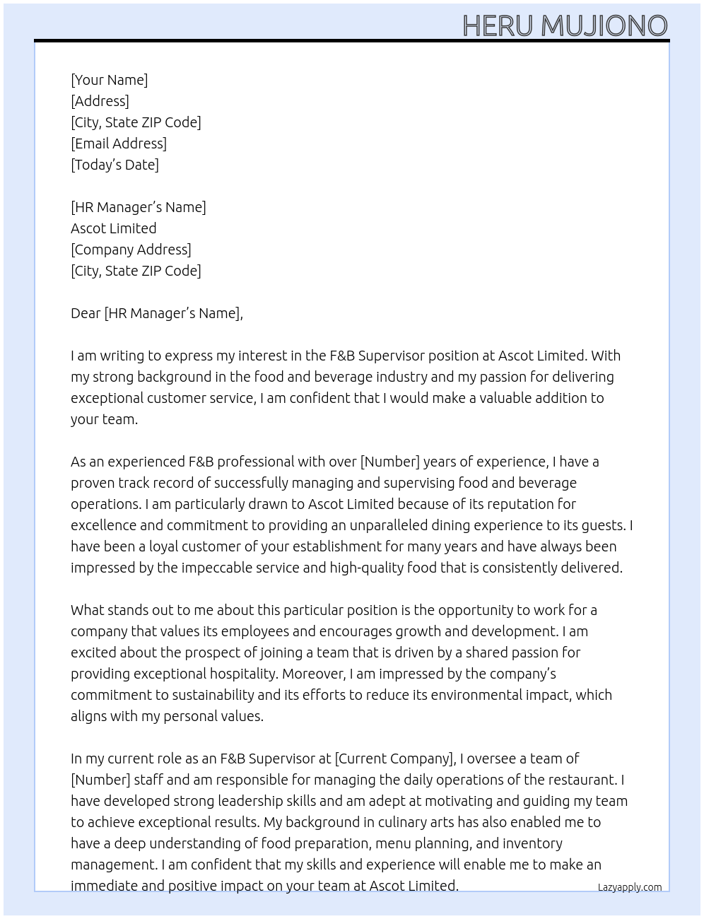 F&B Supervisor At Ascot Limited Cover Letter