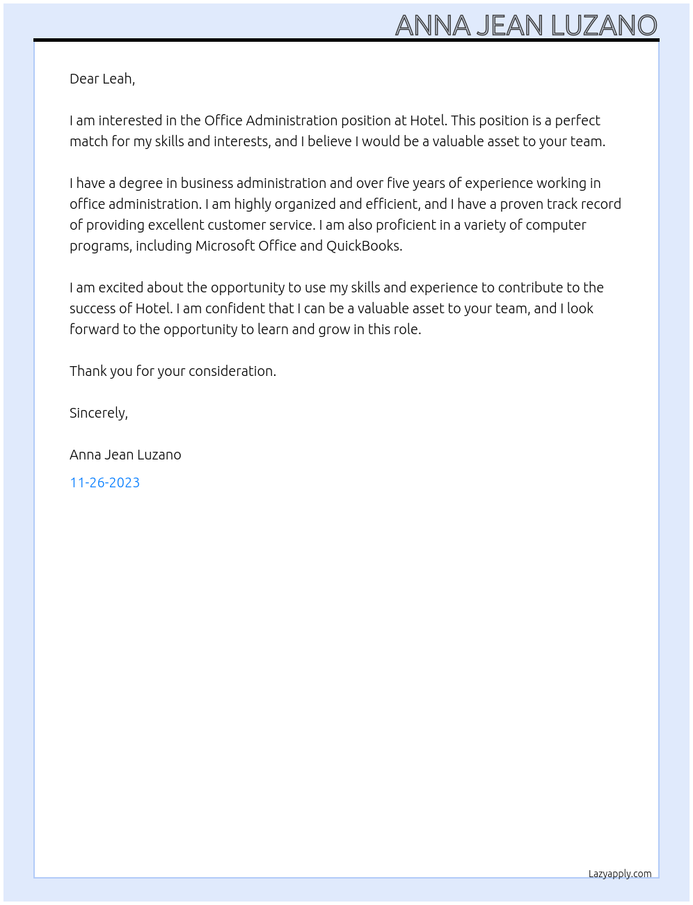 Office Administration  At Hotel  Cover Letter