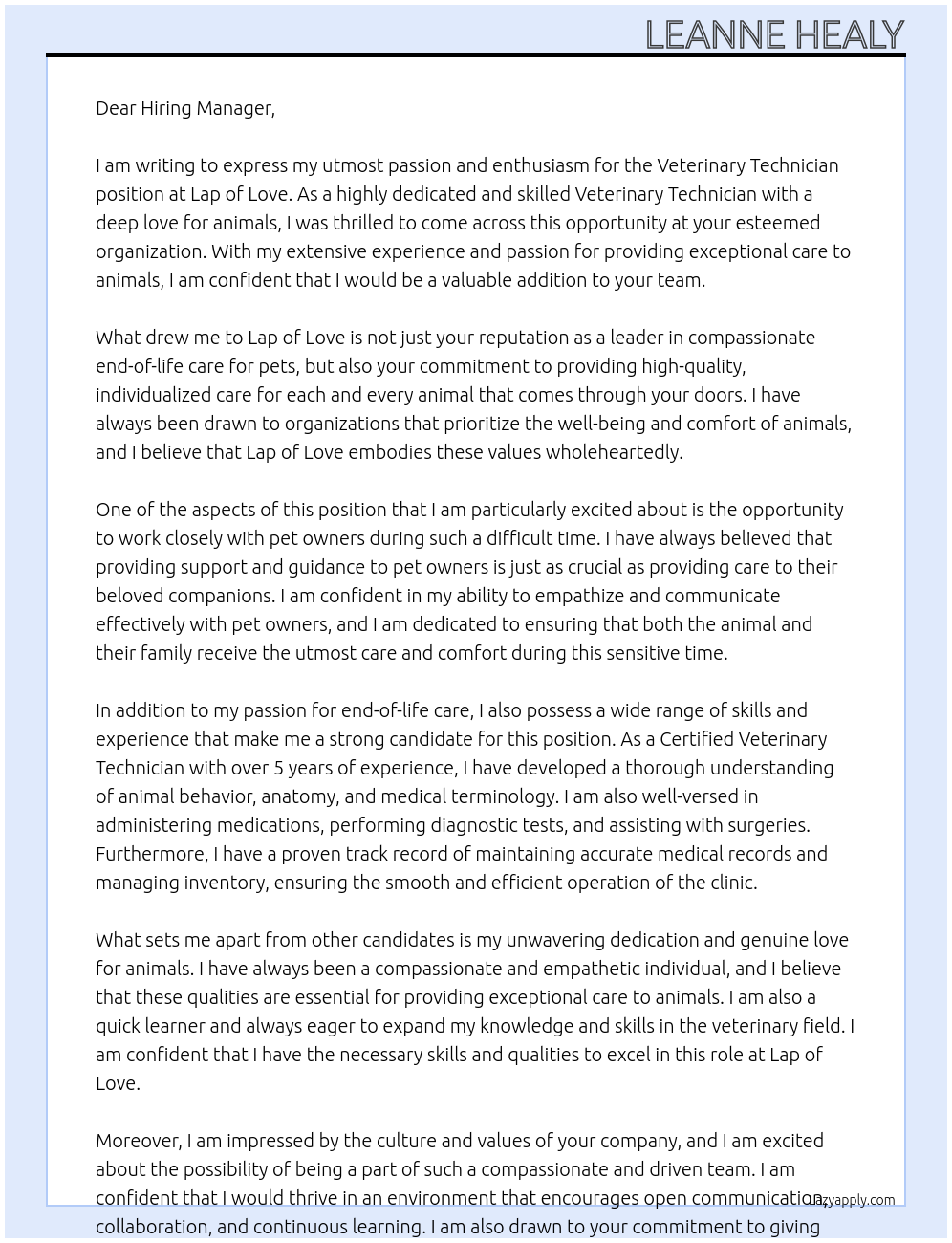 Veterinary Technician At Lap of Love Cover Letter