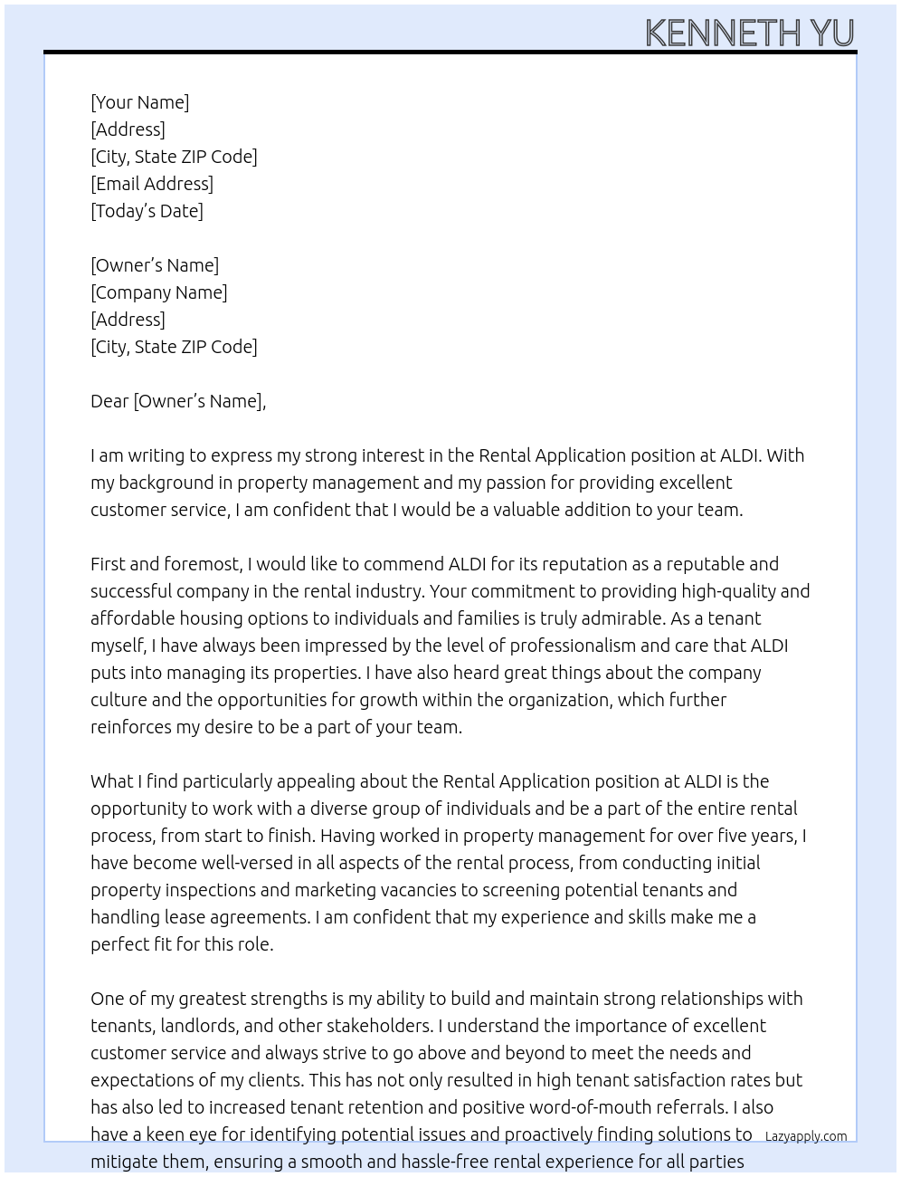 Rental application  At ALDI Cover Letter