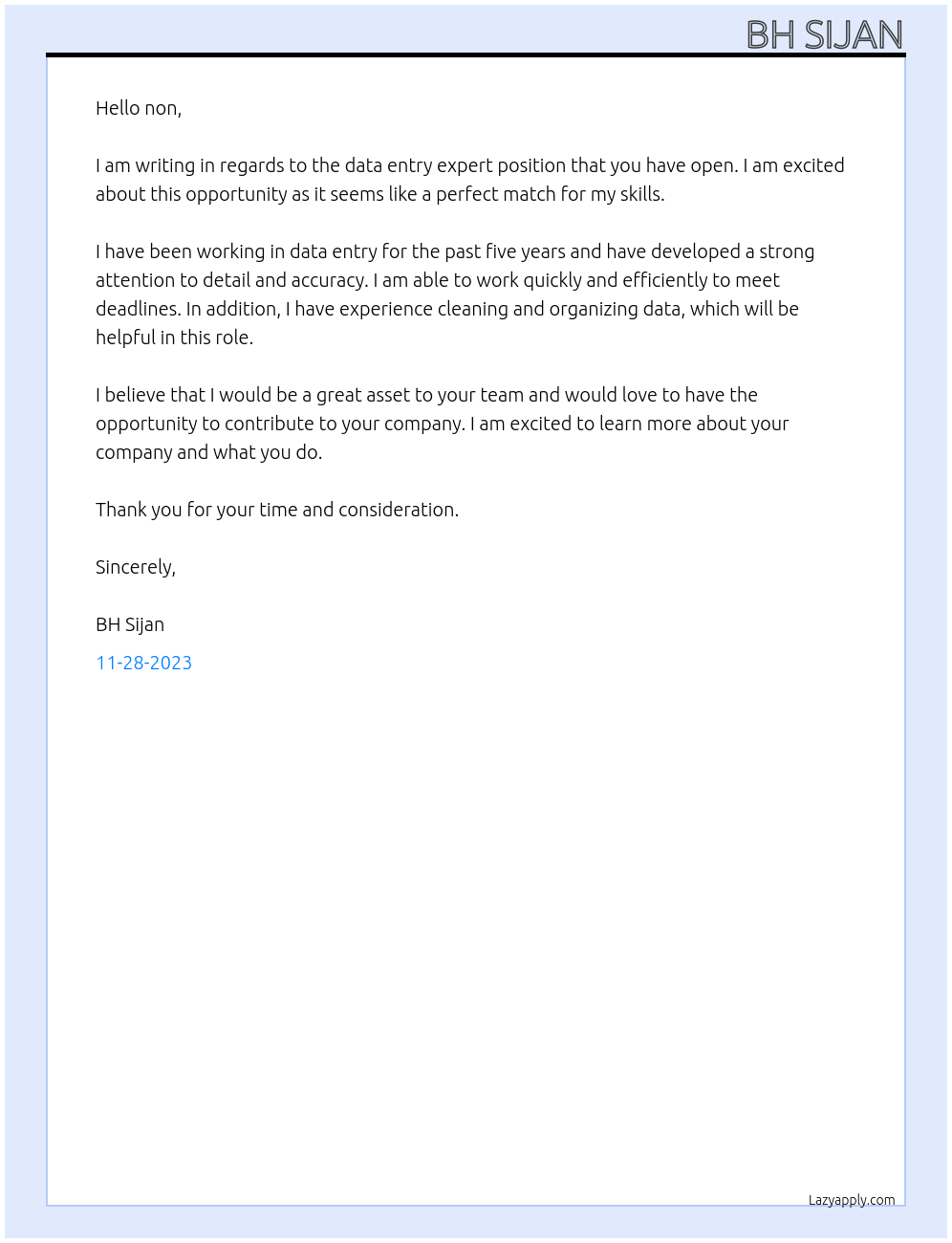 Data entry expert At non Cover Letter