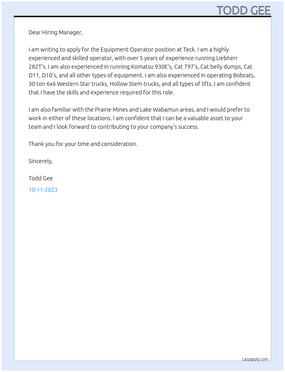 Equipment Operator At Teck Cover Letter