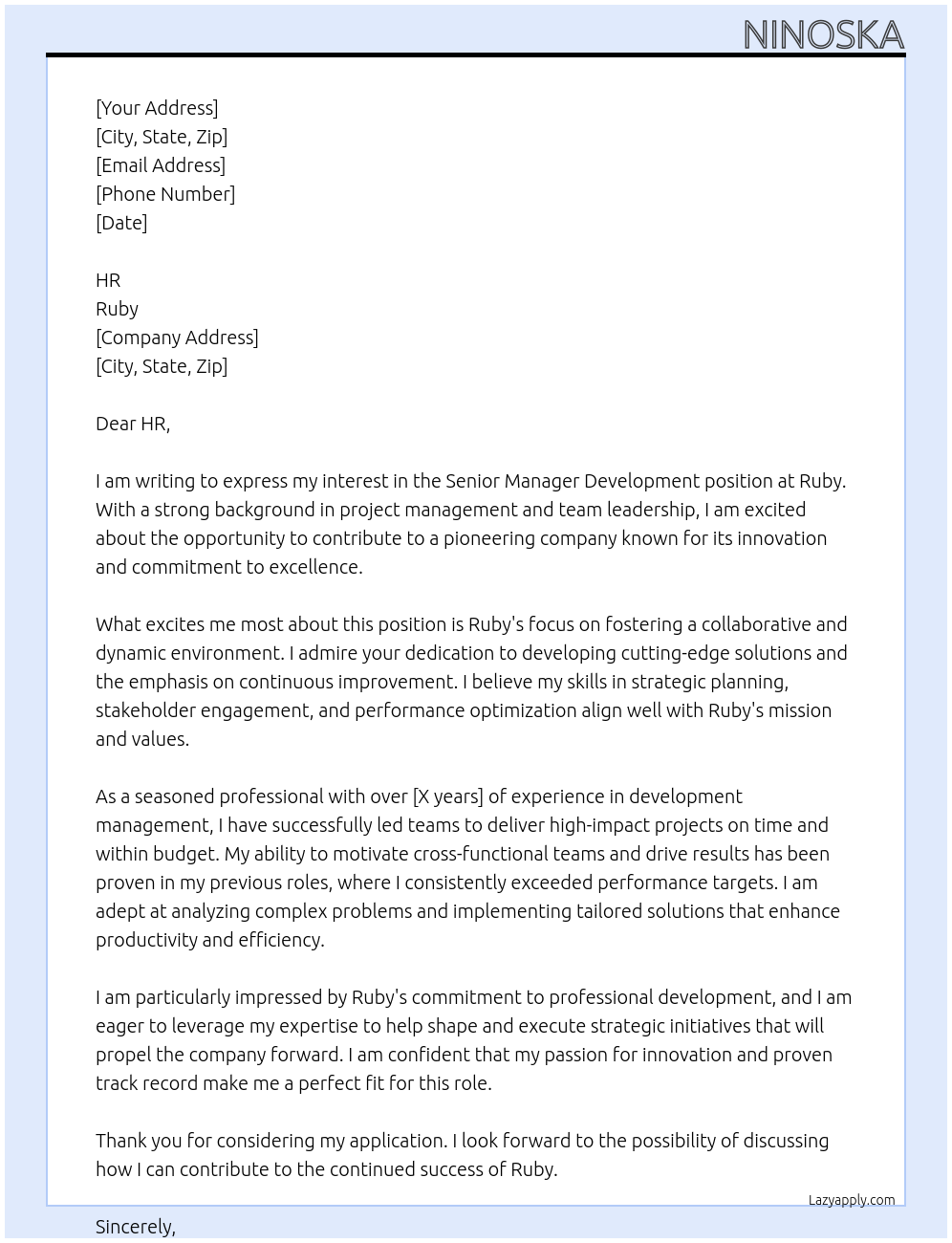 Senior Manager Development At Ruby Cover Letter