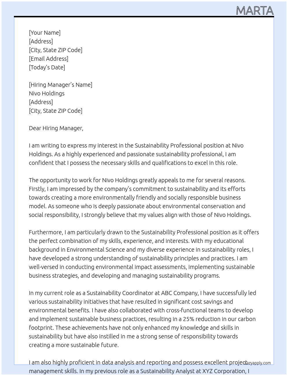 Sustainability professional At Nivo Holdings Cover Letter