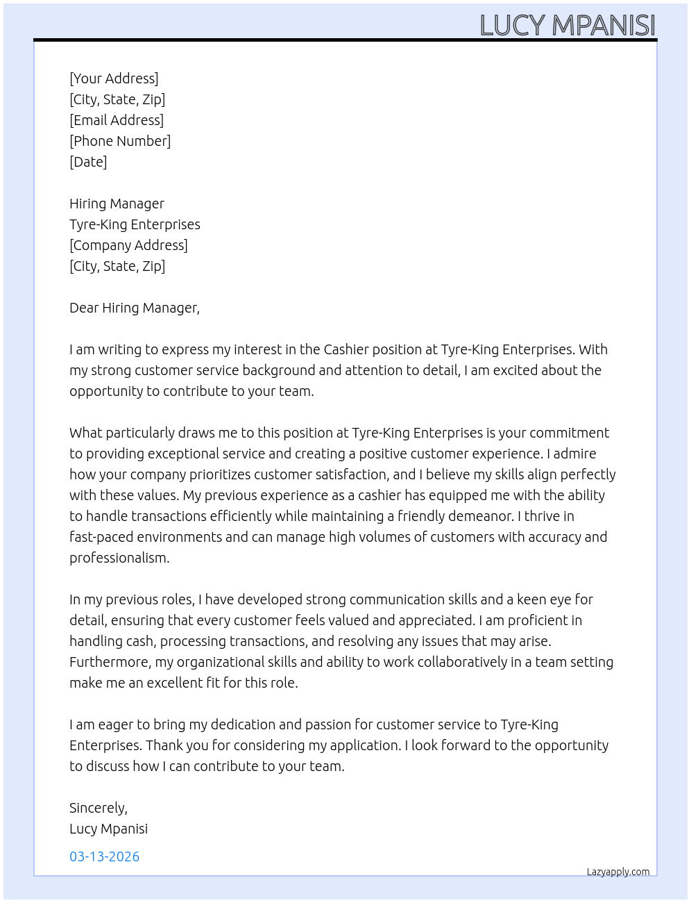 Cashier At Tyre-King Enterprises Cover Letter