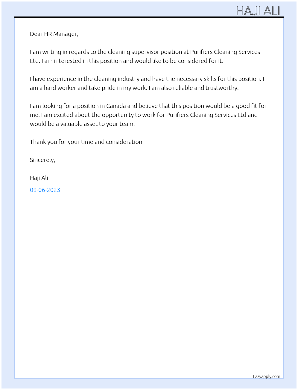 Cleaning supervisor  At Purifiers Cleaning Services Ltd. Cover Letter