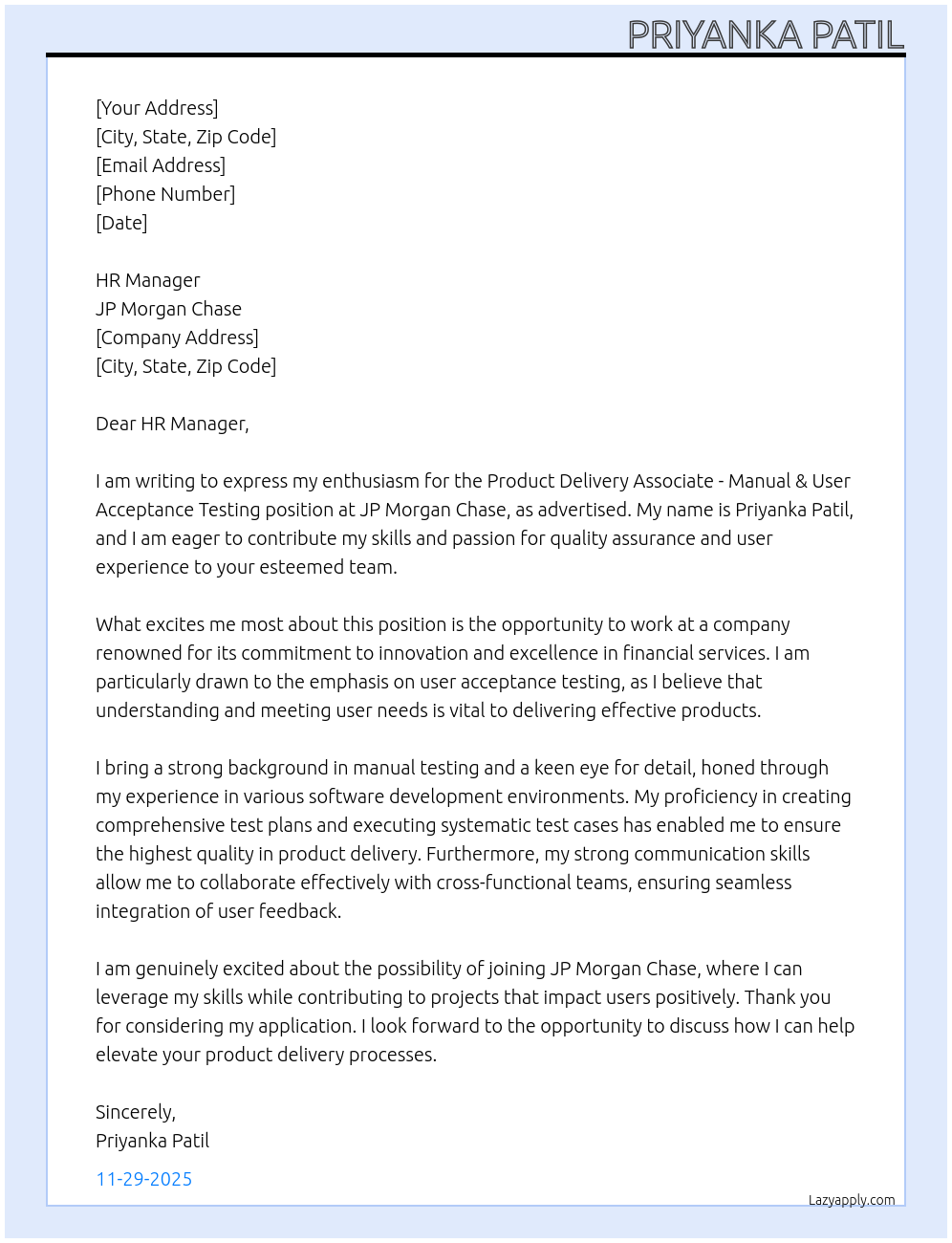 Product Delivery Associate - Manual & User Acceptance Testing At JP Morgan Chase Cover Letter