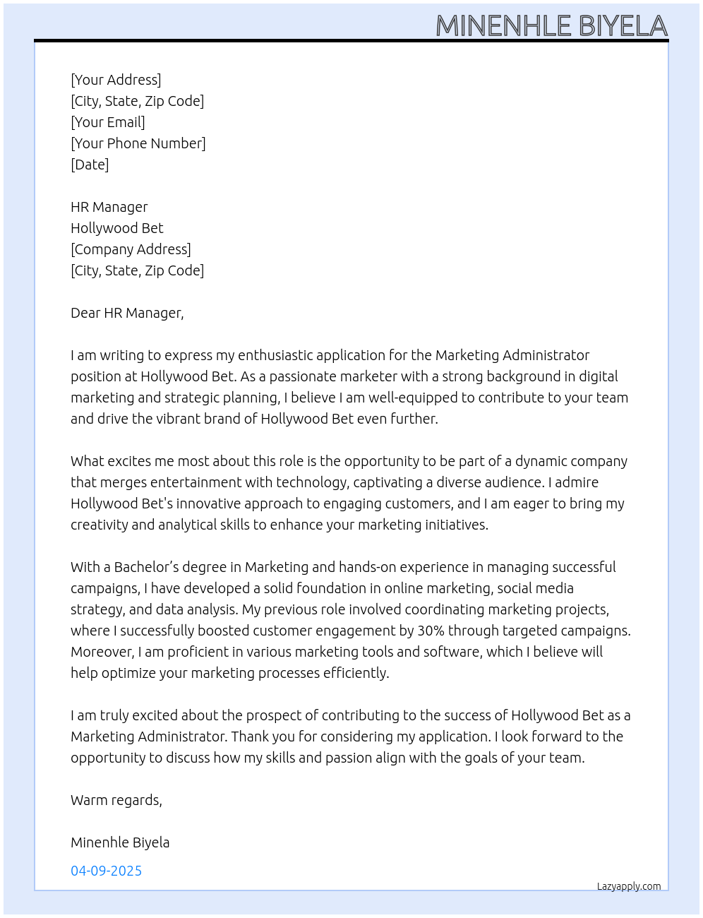 Marketing Administrator At Hollywood bet Cover Letter