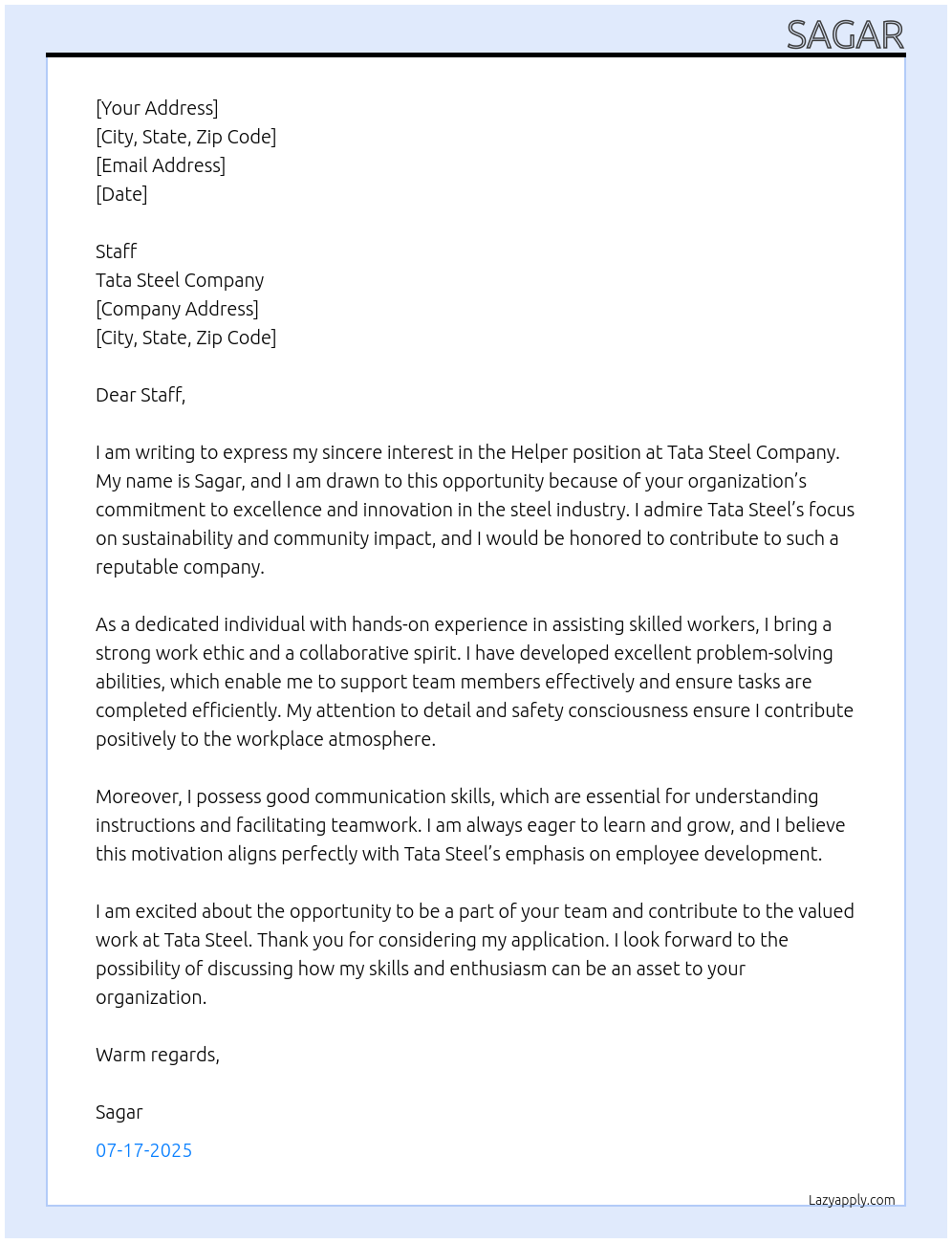 Helper  At Tata steel company  Cover Letter