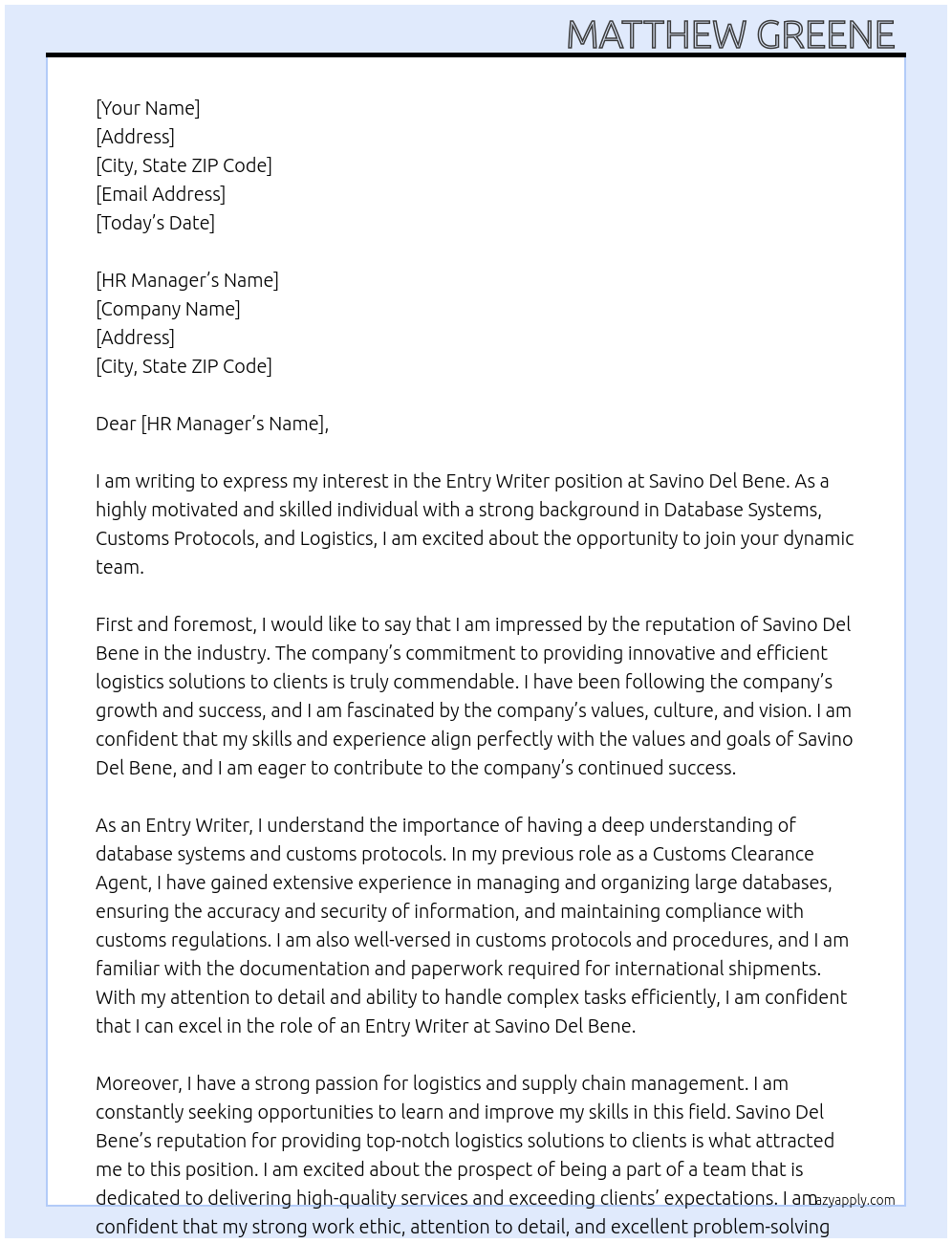 Cover letter for entry writer - LazyApply
