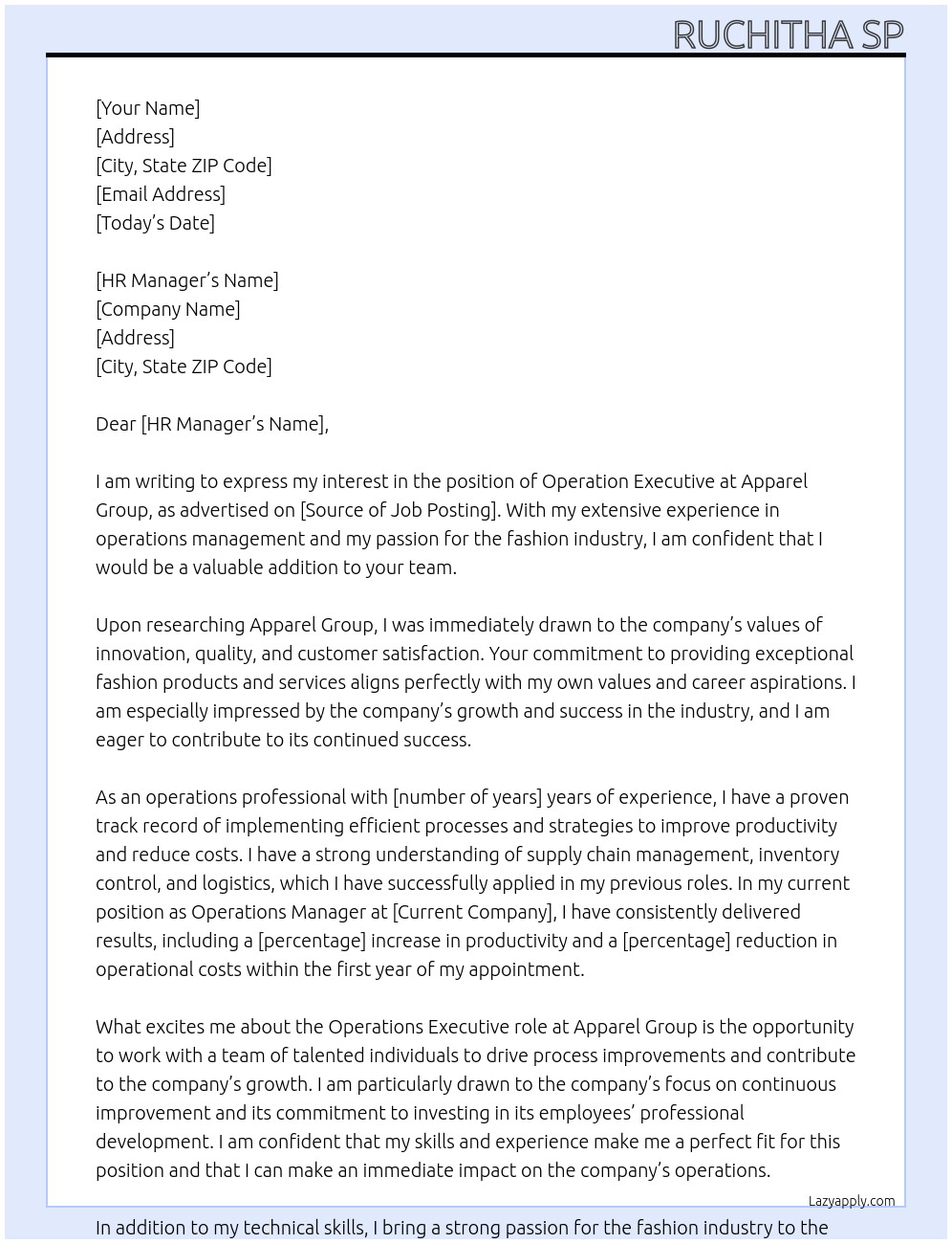 Operation Executive At Apparel Group Cover Letter