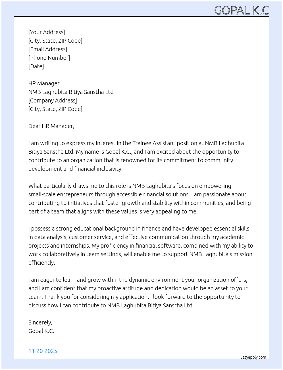 Trainee assistant At NMB laghubita bitiya sanstha ltd Cover Letter