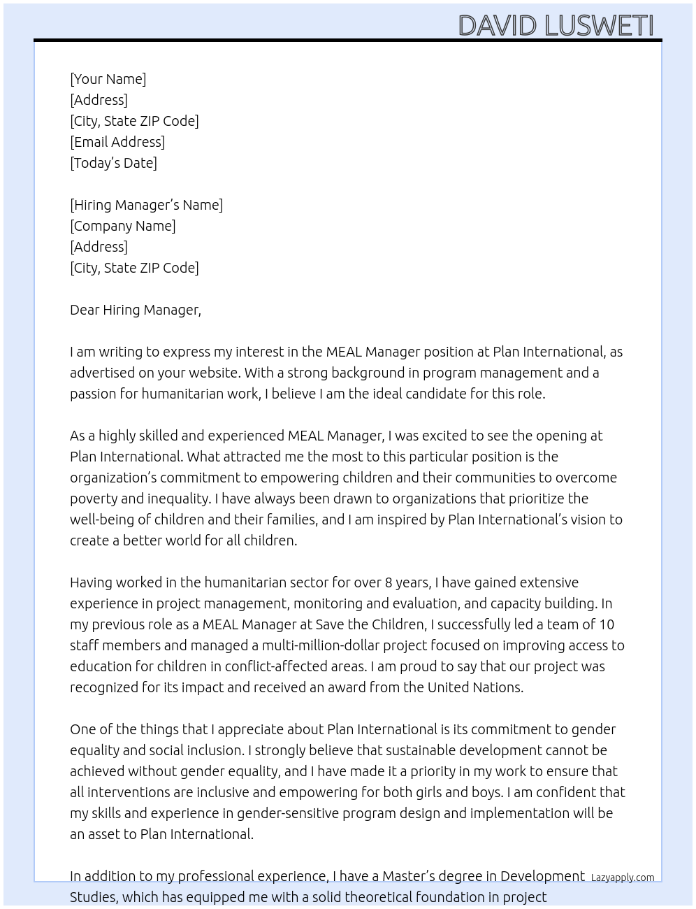 MEAL Manager At Plan International  Cover Letter