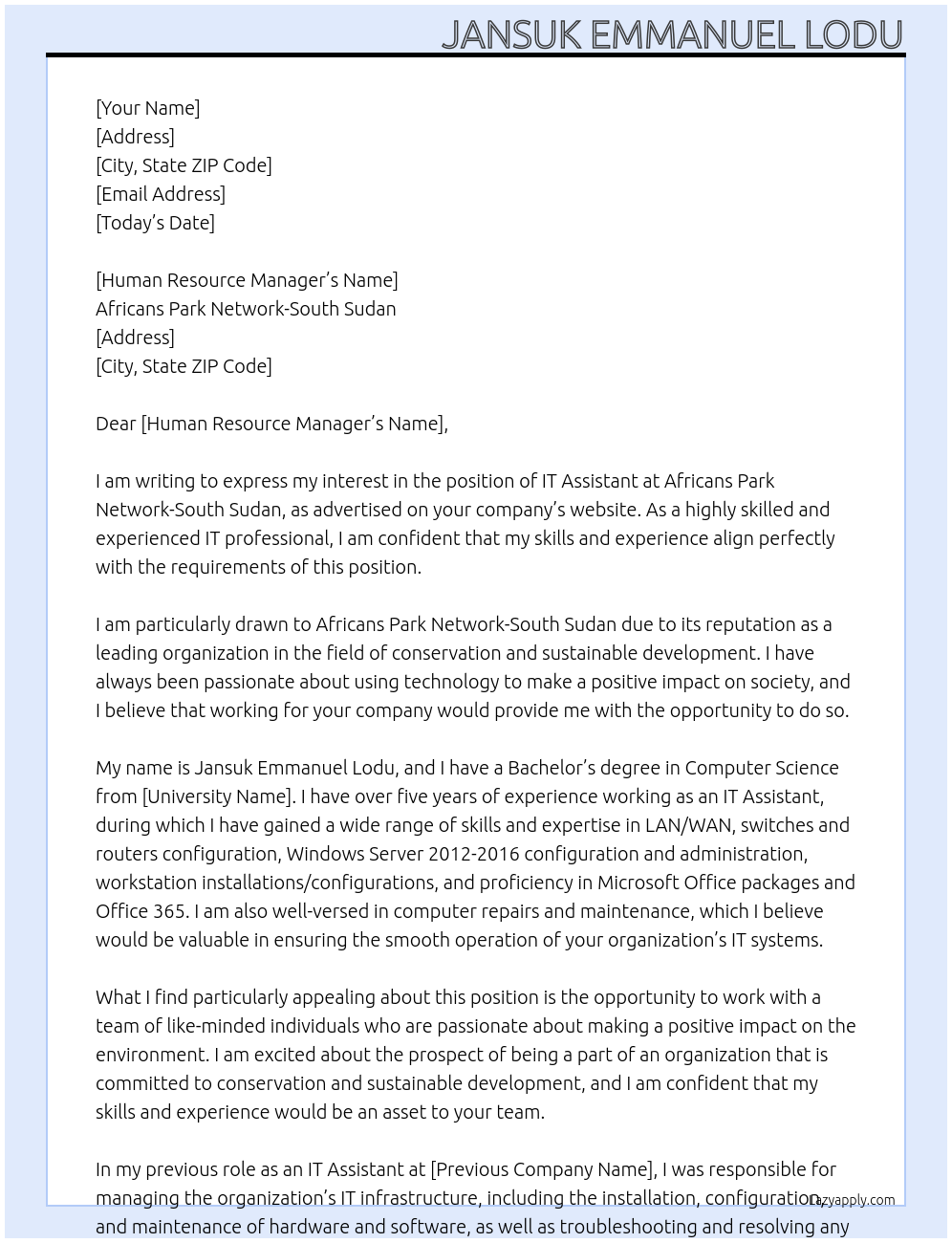 IT Assistant At Africans Park Network-South Sudan Cover Letter